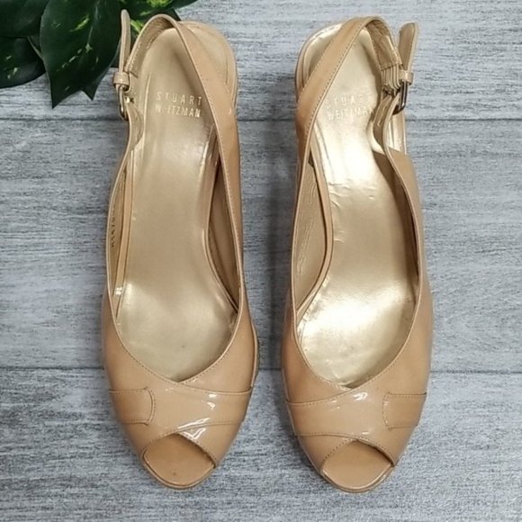 Stuart Weitzman tan slingback peep toe wedge - Picture 2 of 10